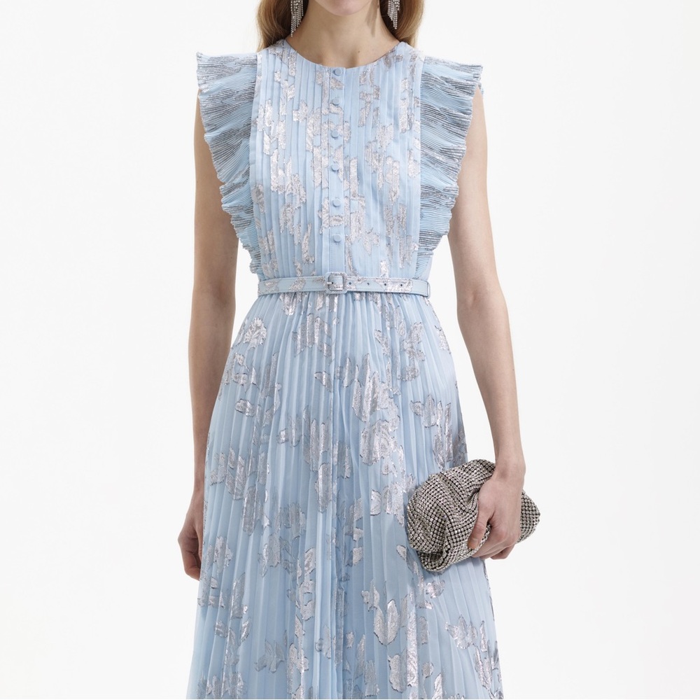 Self-Portrait Blue and Silver Flutter Sleeve Gown - Picture 2 of 7